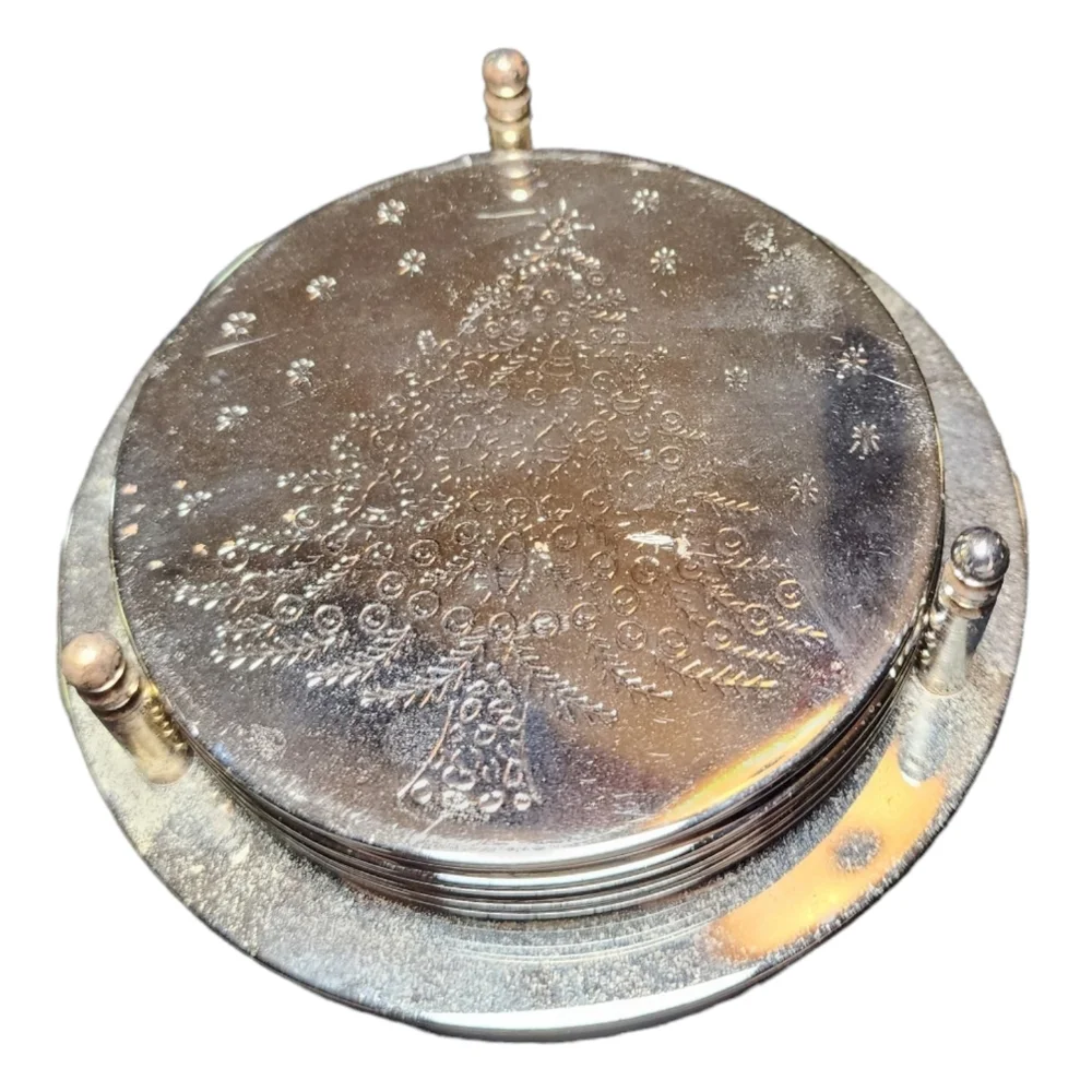 Vintage Silver Plated Holiday Christmas Tree 4 Coaster with Holder‎ Coaster Set